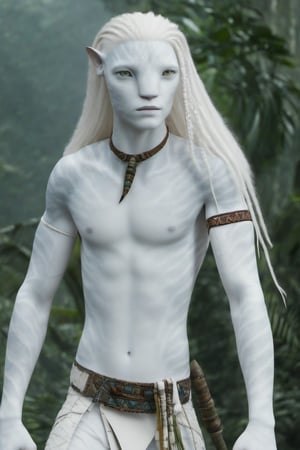 Hansome na’vi, white, albino, male, white skin, young, leather tribal jewelry, long wavy white hair, ((jungle:background)), ((closeup)), movie scene, freckles, detailed, hdr, high quality, movie still, visible tail, skin detail, albino, ADD MORE DETAIL, Read description