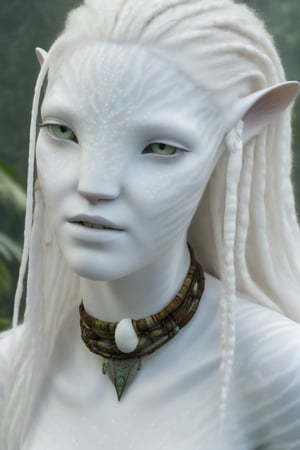 Beautiful na’vi, white, albino, female, white skin, young, leather tribal jewelry, long wavy white hair, ((jungle:background)), ((closeup)), movie scene, freckles, detailed, hdr, high quality, movie still, visible tail, skin detail, albino, ADD MORE DETAIL, Read description