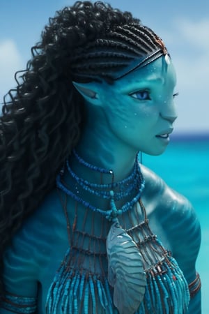 Beautiful na’vi, ((Tsireya)), ((Halle Bailey)), female, aqua skin, blue eyes, black curly hair, long hair, braid bun, jewelry, coral headpiece, angry, snarl, (( beach:background)), ((closeup)), ((bust)), movie scene, freckles, detailed, hdr, high quality, movie still, visible tail, skin detail, ADD MORE DETAIL