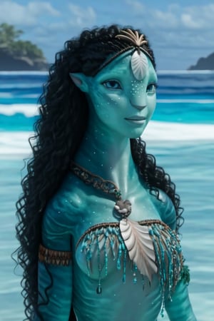 Beautiful na’vi, ((Emily Carey)), female, aqua skin, black curly hair, jewelry, ((beach:background)), ((closeup)), ((bust)), movie scene, freckles, detailed, hdr, high quality, movie still, visible tail, skin detail, ADD MORE DETAIL