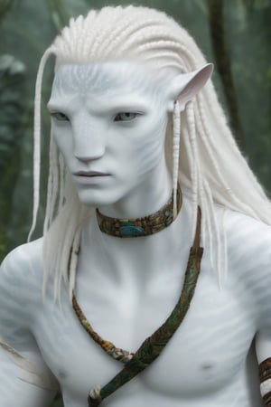 Hansome na’vi, white, albino, male, white skin, young, leather tribal jewelry, long wavy white hair, ((jungle:background)), ((closeup)), movie scene, freckles, detailed, hdr, high quality, movie still, visible tail, skin detail, albino, ADD MORE DETAIL, Read description