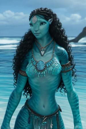 Beautiful na’vi, female, young, aqua skin, long black curly hair, jewelry, ((beach:background)), ((closeup)), ((bust)), movie scene, freckles, detailed, hdr, high quality, movie still, visible tail, skin detail, ADD MORE DETAIL