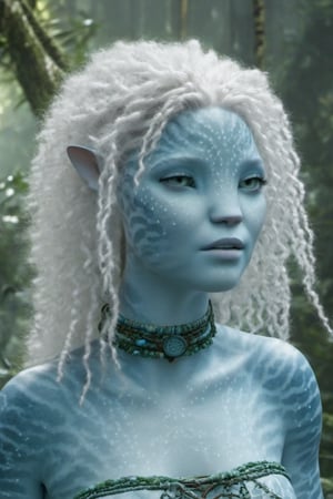 Beautiful na’vi, female, ((Jennifer Stone)), white skin, young, plant jewelry, white curly hair, ((forest:background)), ((closeup)), movie scene, freckles, detailed, hdr, high quality, movie still, visible tail, skin detail, ADD MORE DETAIL,Read description