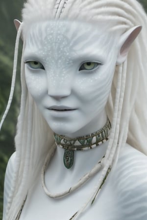 Beautiful na’vi, white, albino, female, white skin, young, leather tribal jewelry, long wavy white hair, ((jungle:background)), ((closeup)), movie scene, freckles, detailed, hdr, high quality, movie still, visible tail, skin detail, albino, ADD MORE DETAIL, Read description