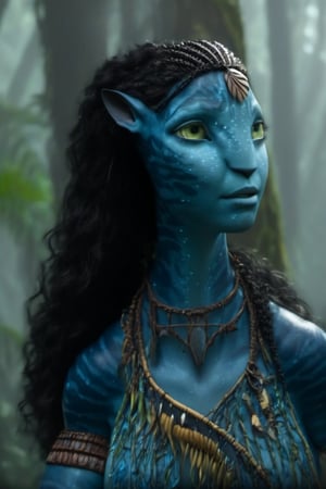 Beautiful na’vi, female, dark blue skin, yellow eyes, wooden jewelry, black hair, ((forest:background)), ((closeup)), movie scene, freckles, detailed, hdr, high quality, movie still, visible tail, long ears, skin detail, ADD MORE DETAIL 