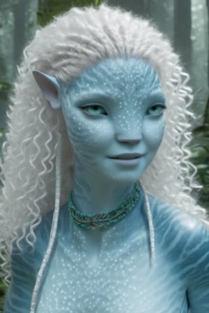 Beautiful na’vi, female, ((Jennifer Stone)), white skin, young, plant jewelry, white curly hair, ((forest:background)), ((closeup)), movie scene, freckles, detailed, hdr, high quality, movie still, visible tail, skin detail, ADD MORE DETAIL,Read description