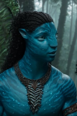 na’vi, ((Michael B. Jordan)), male, blue skin, teal eyes, wooden jewelry, black curly hair, ((forest:background)), ((closeup)), movie scene, freckles, detailed, hdr, high quality, movie still, visible tail, skin detail,ADD MORE DETAIL 