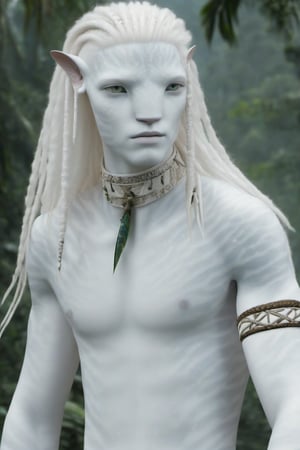 Hansome na’vi, white, albino, male, white skin, young, leather tribal jewelry, long wavy white hair, ((jungle:background)), ((closeup)), movie scene, freckles, detailed, hdr, high quality, movie still, visible tail, skin detail, albino, ADD MORE DETAIL, Read description