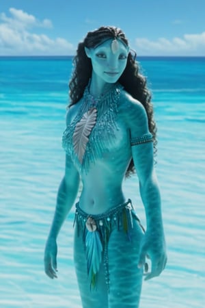 Beautiful na’vi,((Emmy Rossum)), female, aqua skin, jewelry, (( beach:background)), ((closeup)), movie scene, freckles, detailed, hdr, high quality, movie still, visible tail, skin detail,ADD MORE DETAIL