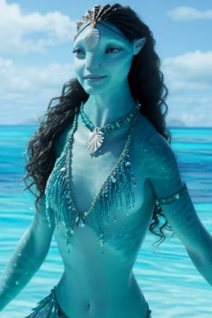 Beautiful na’vi,((Emmy Rossum)), female, aqua skin, jewelry, (( beach:background)), ((closeup)), movie scene, freckles, detailed, hdr, high quality, movie still, visible tail, skin detail,ADD MORE DETAIL