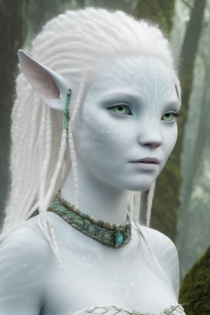 Beautiful na’vi, female, ((Jennifer Stone)), white skin, young, jewelry, white hair, ((forest:background)), ((closeup)), movie scene, freckles, detailed, hdr, high quality, movie still, visible tail, skin detail, pointed ears, albino, ADD MORE DETAIL, Read description