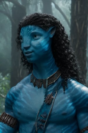 Hansome na’vi, ((Michael B. Jordan)), male, blue skin, aqua eyes, wooden jewelry, black curly hair, ((forest:background)), ((closeup)), movie scene, freckles, detailed, hdr, high quality, movie still, visible tail, skin detail,ADD MORE DETAIL 