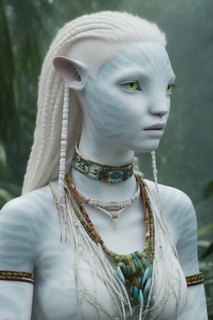 Beautiful na’vi, white, albino, female, white skin, young, colorful tribal jewelry, white braided hair, ((jungle:background)), ((closeup)), movie scene, freckles, detailed, hdr, high quality, movie still, visible tail, skin detail, albino, ADD MORE DETAIL, Read description