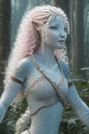 Beautiful na’vi, female, ((Lee Yoo-mi)), white skin, young, wooden jewelry, white curly hair, pink eyes, ((forest:background)), ((closeup)), movie scene, freckles, detailed, hdr, high quality, movie still, visible tail, skin detail, ADD MORE DETAIL,Read description