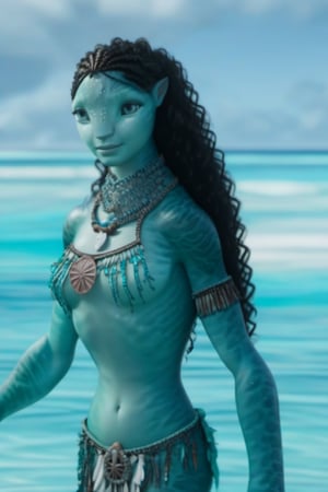 Beautiful na’vi, ((Milly Alcock)), female, aqua skin, black curly hair, jewelry, ((beach:background)), ((closeup)), ((bust)), movie scene, freckles, detailed, hdr, high quality, movie still, visible tail, skin detail, ADD MORE DETAIL