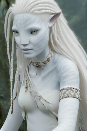 Beautiful na’vi, white, albino, female, white skin, young, leather tribal jewelry, long wavy white hair, ((jungle:background)), ((closeup)), movie scene, freckles, detailed, hdr, high quality, movie still, visible tail, skin detail, albino, ADD MORE DETAIL, Read description