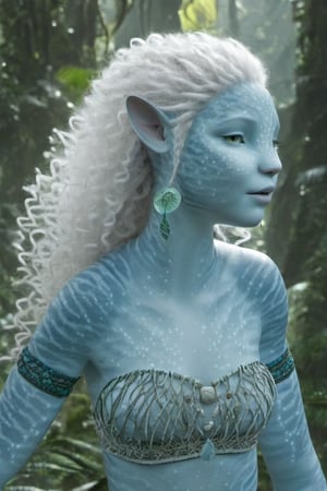 Beautiful na’vi, female, ((Jennifer Stone)), white skin, young, plant jewelry, white curly hair, ((forest:background)), ((closeup)), movie scene, freckles, detailed, hdr, high quality, movie still, visible tail, skin detail, ADD MORE DETAIL,Read description