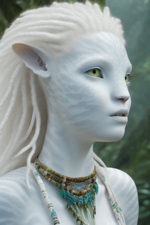 Beautiful na’vi, white, albino, female, white skin, young, colorful tribal jewelry, white curly hair, ((jungle:background)), ((closeup)), movie scene, freckles, detailed, hdr, high quality, movie still, visible tail, skin detail, albino, ADD MORE DETAIL, Read description