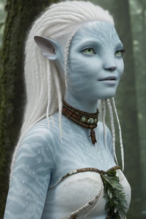 Beautiful na’vi, female, white skin, young, wooden jewelry, white hair, ((forest:background)), ((closeup)), movie scene, freckles, detailed, hdr, high quality, movie still, visible tail, skin detail, albino, ADD MORE DETAIL, Read description