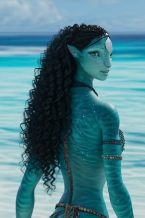 Beautiful na’vi, ((Milly Alcock)), female, aqua skin, black curly hair, jewelry, ((beach:background)), ((closeup)), ((bust)), movie scene, freckles, detailed, hdr, high quality, movie still, visible tail, skin detail, ADD MORE DETAIL