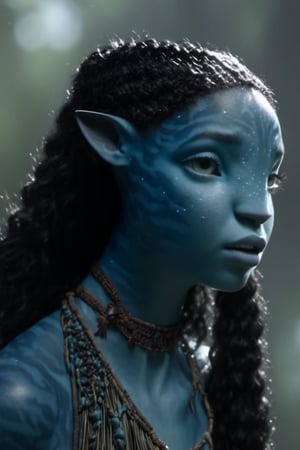 Beautiful na’vi, ((Laura Harrier)), female, grey blue skin, wooden jewelry, black braids, ((forest:background)), ((closeup)), movie scene, freckles, detailed, hdr, high quality, movie still, visible tail, skin detail,ADD MORE DETAIL 