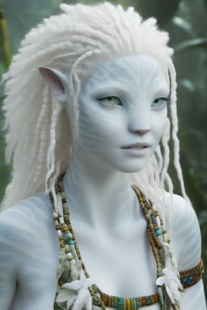 Beautiful na’vi, white, albino, female, white skin, young, colorful tribal jewelry, white curly hair, ((jungle:background)), ((closeup)), movie scene, freckles, detailed, hdr, high quality, movie still, visible tail, skin detail, albino, ADD MORE DETAIL, Read description