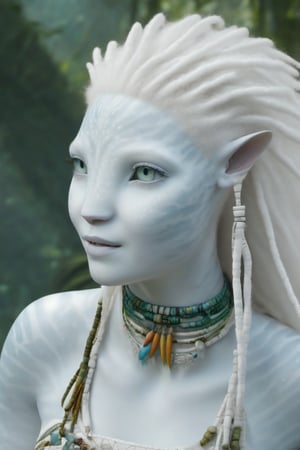 Beautiful na’vi, white, albino, female, white skin, young, colorful tribal jewelry, white curly hair, ((jungle:background)), ((closeup)), movie scene, freckles, detailed, hdr, high quality, movie still, visible tail, skin detail, albino, ADD MORE DETAIL, Read description