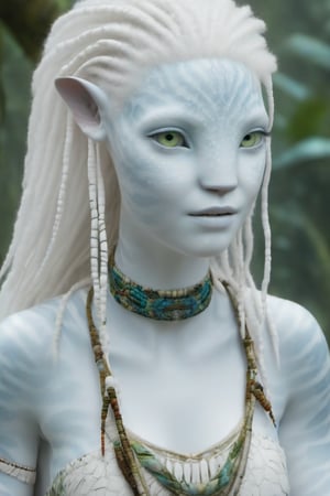 Beautiful na’vi, white, albino, female, white skin, young, colorful tribal jewelry, white curly hair, ((jungle:background)), ((closeup)), movie scene, freckles, detailed, hdr, high quality, movie still, visible tail, skin detail, albino, ADD MORE DETAIL, Read description