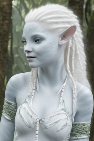 Beautiful na’vi, female, ((Jennifer Stone)), white skin, young, jewelry, white hair, ((forest:background)), ((closeup)), movie scene, freckles, detailed, hdr, high quality, movie still, visible tail, skin detail, pointed ears, albino, ADD MORE DETAIL, Read description