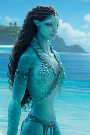 Beautiful na’vi,((Emmy Rossum)), female, aqua skin, jewelry, (( beach:background)), ((closeup)), movie scene, freckles, detailed, hdr, high quality, movie still, visible tail, skin detail,ADD MORE DETAIL