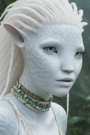 Beautiful na’vi, white, albino, female, white skin, young, tribal jewelry, white curly hair, ((jungle:background)), ((closeup)), movie scene, freckles, detailed, hdr, high quality, movie still, visible tail, skin detail, albino, ADD MORE DETAIL, Read description