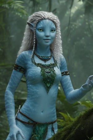 Beautiful na’vi, female, ((Jennifer Stone)), white skin, young, plant jewelry, white curly hair, ((forest:background)), ((closeup)), movie scene, freckles, detailed, hdr, high quality, movie still, visible tail, skin detail, ADD MORE DETAIL,Read description