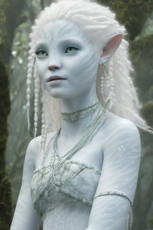 Beautiful na’vi, female, white skin, young, jewelry, white curly hair, ((forest:background)), ((closeup)), movie scene, freckles, detailed, hdr, high quality, movie still, visible tail, skin detail, albino, ADD MORE DETAIL, Read description