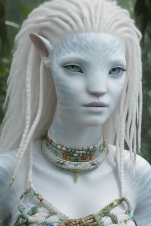 Beautiful na’vi, white, albino, female, white skin, young, colorful tribal jewelry, white curly hair, ((jungle:background)), ((closeup)), movie scene, freckles, detailed, hdr, high quality, movie still, visible tail, skin detail, albino, ADD MORE DETAIL, Read description