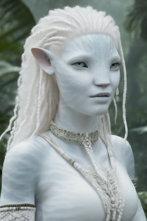 Beautiful na’vi, white, albino, female, white skin, young, tribal jewelry, white curly hair, ((jungle:background)), ((closeup)), movie scene, freckles, detailed, hdr, high quality, movie still, visible tail, skin detail, albino, ADD MORE DETAIL, Read description