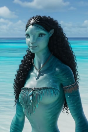 Beautiful na’vi, ((Milly Alcock)), female, aqua skin, black curly hair, jewelry, ((beach:background)), ((closeup)), ((bust)), movie scene, freckles, detailed, hdr, high quality, movie still, visible tail, skin detail, ADD MORE DETAIL