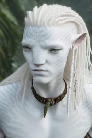 Hansome na’vi, white, albino, male, white skin, young, leather tribal jewelry, long wavy white hair, ((jungle:background)), ((closeup)), movie scene, freckles, detailed, hdr, high quality, movie still, visible tail, skin detail, albino, ADD MORE DETAIL, Read description