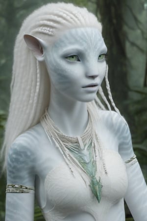 Beautiful na’vi, white, albino, female, white skin, young, jungle jewelry, white hair, ((forest:background)), ((closeup)), movie scene, freckles, detailed, hdr, high quality, movie still, visible tail, skin detail, albino, ADD MORE DETAIL, Read description