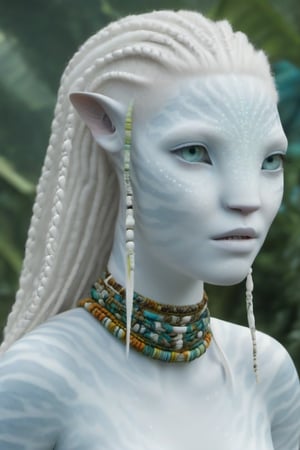 Beautiful na’vi, white, albino, female, white skin, young, colorful tribal jewelry, white braided hair, ((jungle:background)), ((closeup)), movie scene, freckles, detailed, hdr, high quality, movie still, visible tail, skin detail, albino, ADD MORE DETAIL, Read description