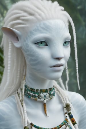 Beautiful na’vi, white, albino, female, white skin, young, colorful tribal jewelry, white curly hair, ((jungle:background)), ((closeup)), movie scene, freckles, detailed, hdr, high quality, movie still, visible tail, skin detail, albino, ADD MORE DETAIL, Read description