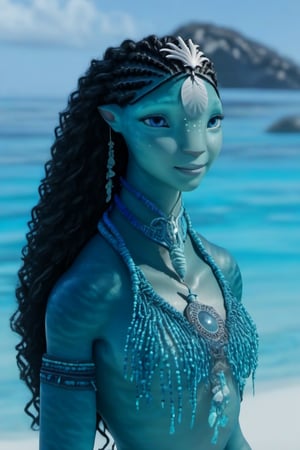 Beautiful na’vi, ((Tsireya)), ((Halle Bailey)), female, aqua skin, blue eyes, black curly hair, long hair, braid bun, jewelry, coral headpiece, (( beach:background)), ((closeup)), ((bust)), movie scene, freckles, detailed, hdr, high quality, movie still, visible tail, skin detail, ADD MORE DETAIL