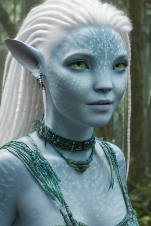 Beautiful na’vi, female, ((Jennifer Stone)), white skin, young, jewelry, white hair, ((forest:background)), ((closeup)), movie scene, freckles, detailed, hdr, high quality, movie still, visible tail, skin detail, pointed ears, ADD MORE DETAIL, Read description