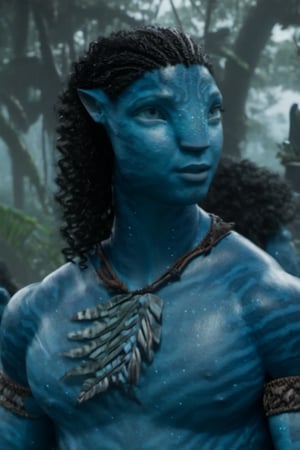 Hansome na’vi, ((Michael B. Jordan)), male, blue skin, aqua eyes, wooden jewelry, black curly hair, ((forest:background)), ((closeup)), movie scene, freckles, detailed, hdr, high quality, movie still, visible tail, skin detail,ADD MORE DETAIL 