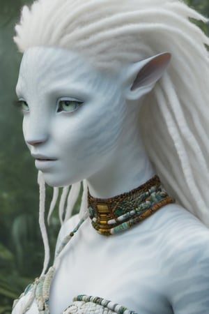 Beautiful na’vi, white, albino, female, white skin, young, colorful tribal jewelry, white curly hair, ((jungle:background)), ((closeup)), movie scene, freckles, detailed, hdr, high quality, movie still, visible tail, skin detail, albino, ADD MORE DETAIL, Read description