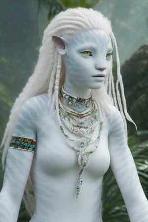 Beautiful na’vi, white, albino, female, white skin, young, colorful tribal jewelry, white curly hair, ((jungle:background)), ((closeup)), movie scene, freckles, detailed, hdr, high quality, movie still, visible tail, skin detail, albino, ADD MORE DETAIL, Read description