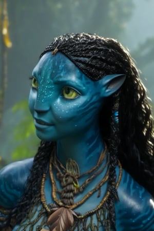 Beautiful na’vi, female, dark blue skin, yellow eyes, wooden jewelry, black braids, ((forest:background)), ((closeup)), movie scene, freckles, detailed, hdr, high quality, movie still, visible tail, skin detail,ADD MORE DETAIL 