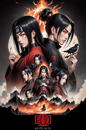 The artistic style of Masashi Kishimoto, Gege Akutami, Bringing the world of Naruto to life,  rendition of Itachi Uchiha, in the Akatsuki outfit, Using Itachi's left Mangekyo Sharingan bestows him the power of Tsukuyomi a genjutsu, (Itachi in battle with demon from Jujitsu Kaisen), Insane Detail, HD Resolution, Powered by Unreal Engine 5, Itachi Uchiha Rendition, Akatsuki inspired, Akatsuki rendition, Ultimate Akatsuki, Crows in the background, Batik, Akatsuki Robes, Akatsuki outfit, Akatsuki Inspired Logo, Akatsuki clothing, Unreal Engine 5, Dream Battle, Red Akatsuki Clouds on outfits, 