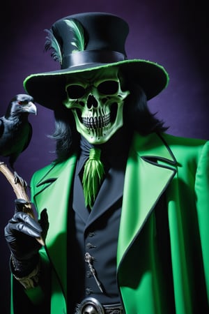 Grim Reaper as a pimp form 1970’s wearing a zoot suit style outfit, Black and Green outfit, Dynamic Pose, simple-background, HD resolution, Insane detail, hyper realism, Dramatic lighting, Grim Reaper Inspired, holding a raven skull head Cain, wearing a black Feathery pimp hat, Ravens incorporated, Ravens within the art photo,