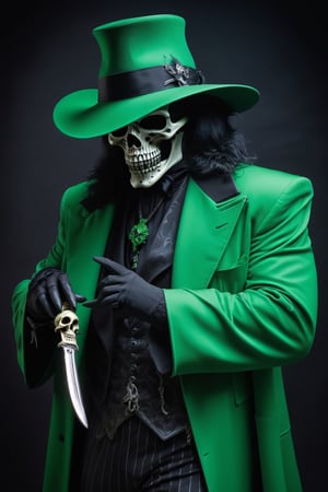 Grim Reaper as a pimp form 1970’s wearing a zoot suit style outfit, Black and Green outfit, Dynamic Pose, simple-background, HD resolution, Insane detail, hyper realism, Dramatic lighting, Grim Reaper Inspired, holding a raven skull head Cain, wearing a black Feathery pimp hat, Ravens incorporated, Ravens within the art photo,