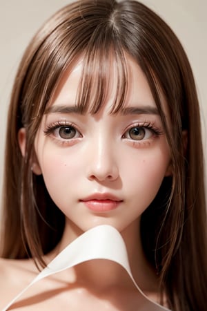 
Angelic Very beautiful cute girl, 
(very pretty cute girl:1.2),
(large eyes:1.4),
(clear-eyed:1.2),
small straight nose,
small mouth,
(v-line jaw:1.1),
Beautiful detailed eyes, 
Detailed double eyelids, 
Long straight brown hair, 
see-through bangs, 
beautiful detailed face, 
drooping eyes, 
(Fair skin: 1.3)